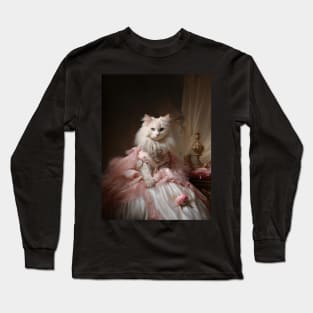 Long Haired White Cat in Pink & White Rococo Dress Long Sleeve T-Shirt